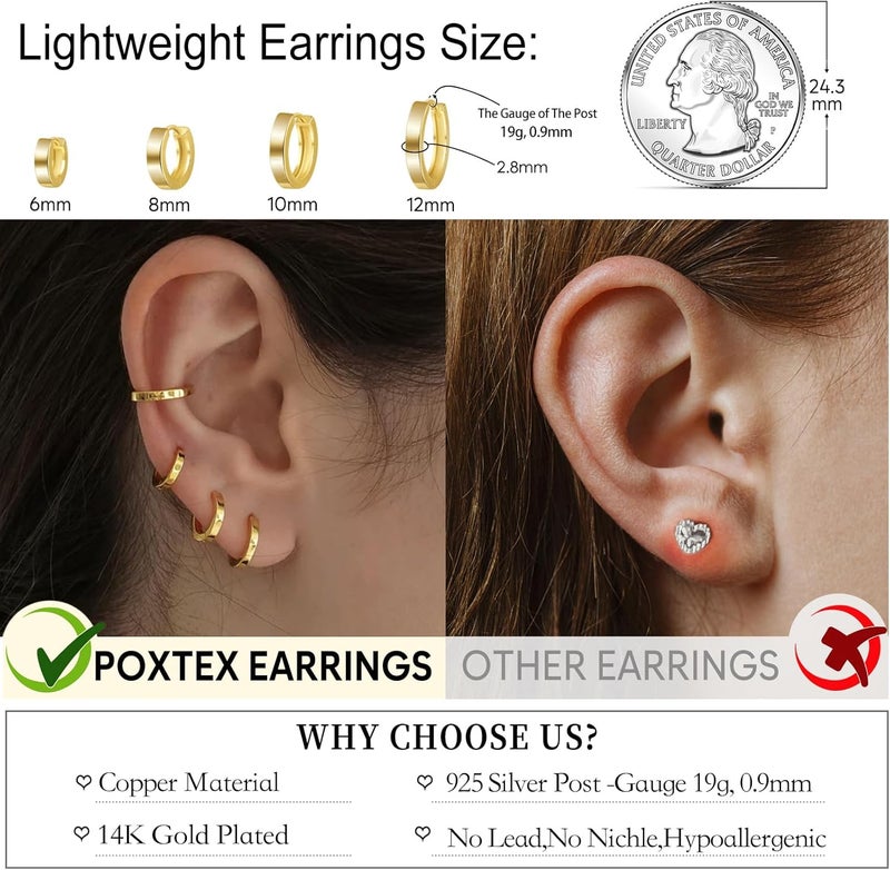 Poxtex Small Gold Huggie Hoop Earrings Set for Women Men Hypoallergenic 14K Plated Stack Cartilage Earrings, Multiple Piercing Lightweight Mini Thin Cute Dainty Trendy Jewelry Set Christmas Gifts for Women - Image 4